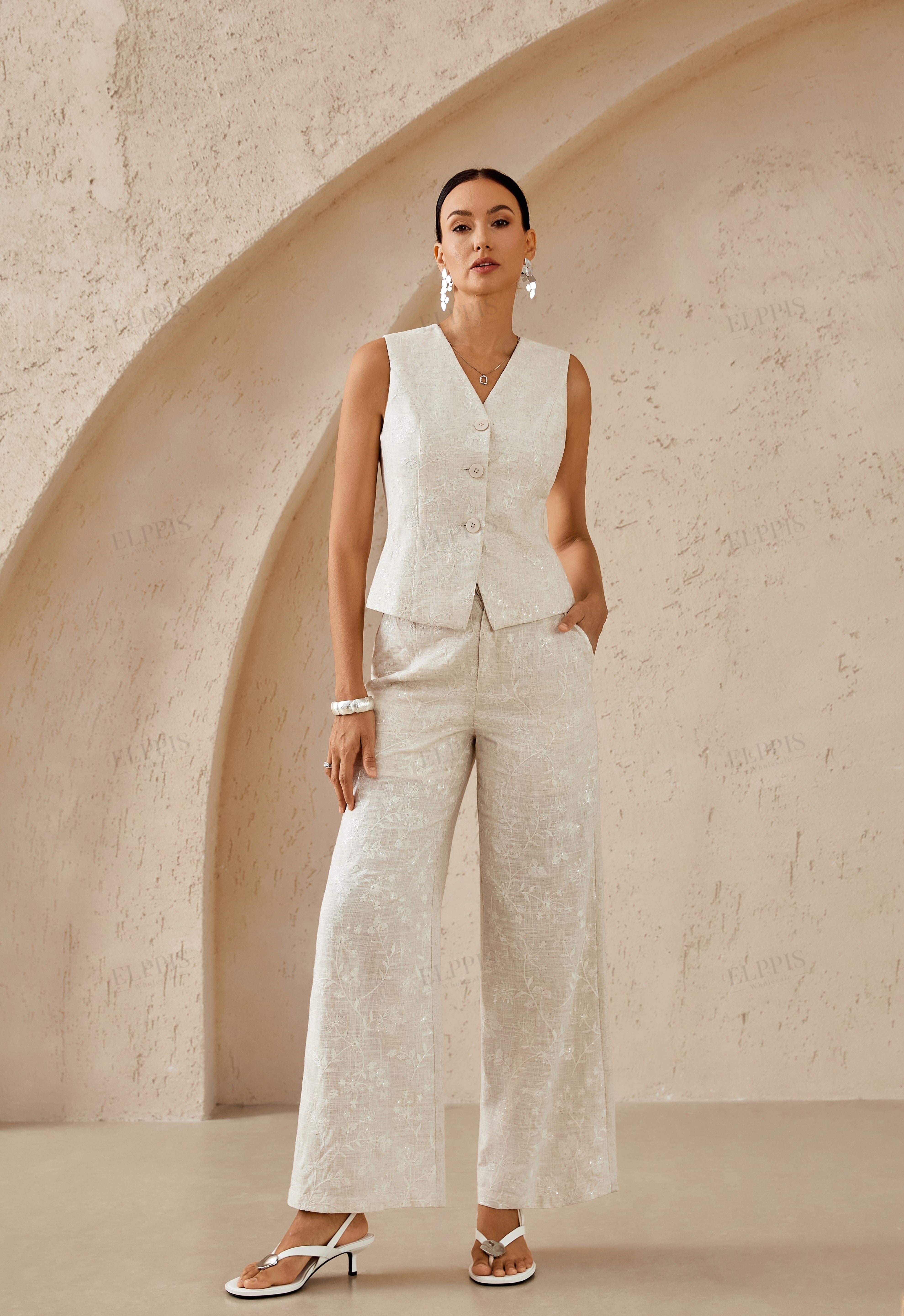 Beige Textured Linen-Blend Embroidered Waistcoat