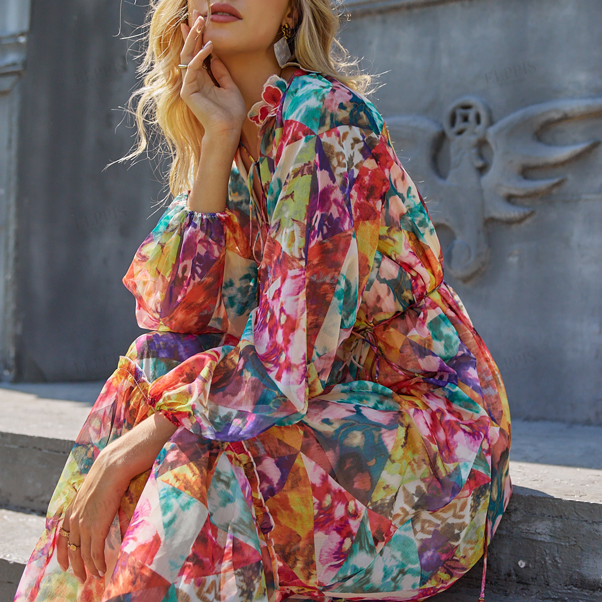 3D flower decorated collar long sleeve geometric print A-line long dress
