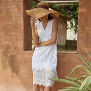 Cut-out embroidered lace trim cotton-linen A-line midi tank dress
