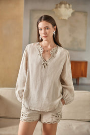 Beige Ramie Shorts with Cutwork Embroidery Trim