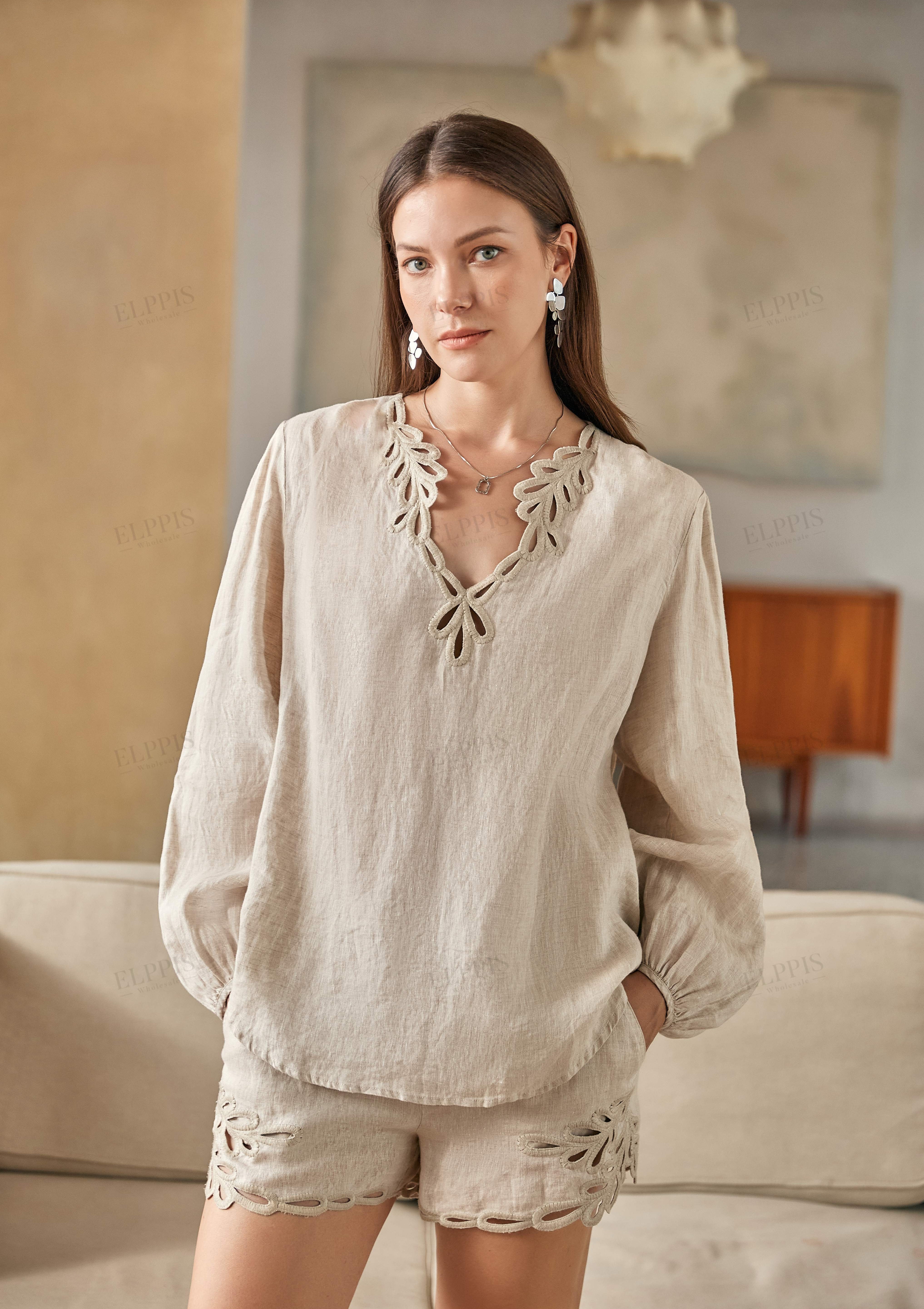 Beige Ramie Shorts with Cutwork Embroidery Trim