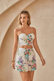 Cream Floral Print Eyelet Bustier Crop Top with Adjustable Straps
