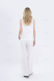 White Sleeveless Top with Lace Insert & Scalloped Hem