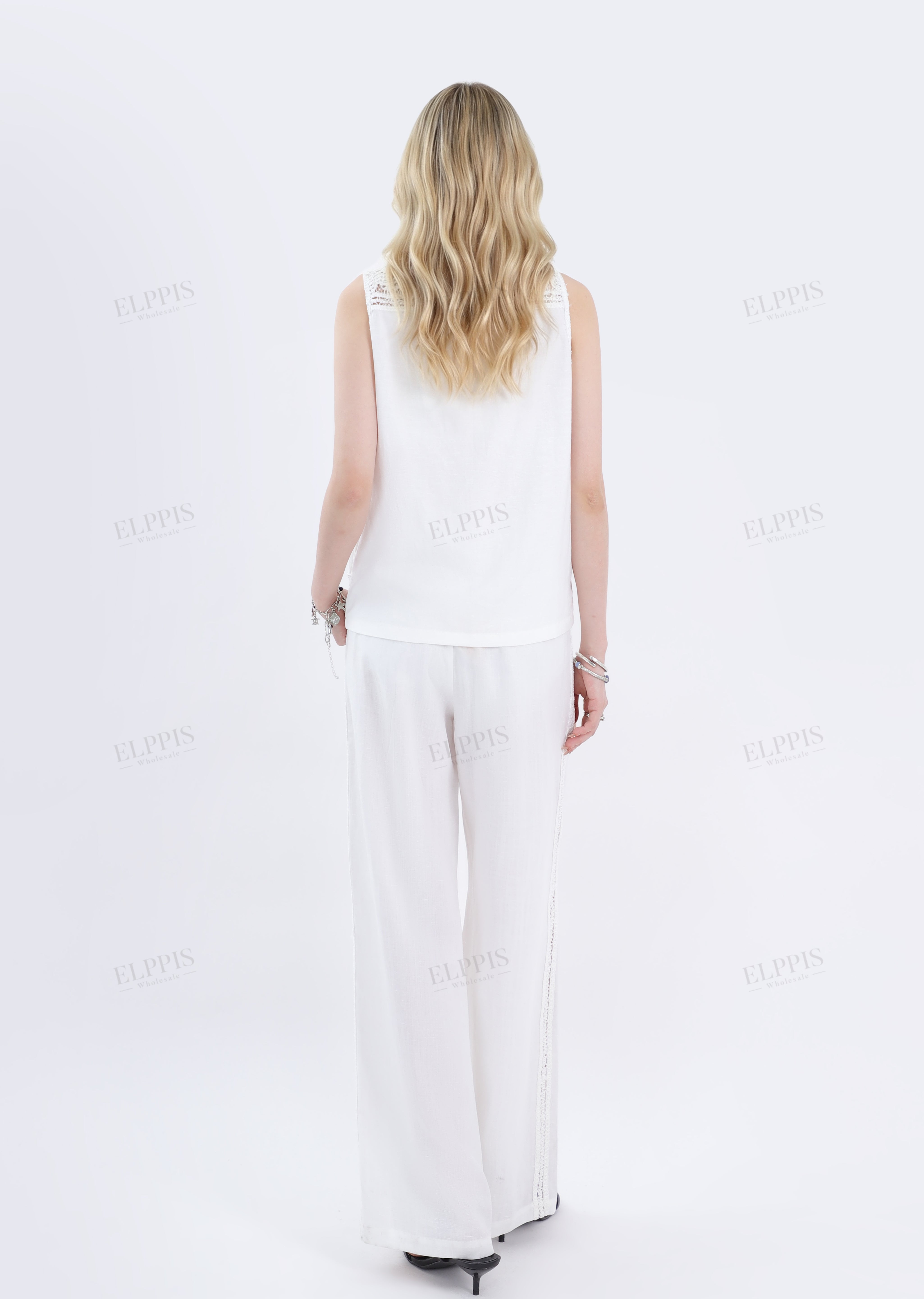 White Sleeveless Top with Lace Insert & Scalloped Hem