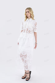 White Woven Midi Skirt with Eyelet Embroidery & Side Bow