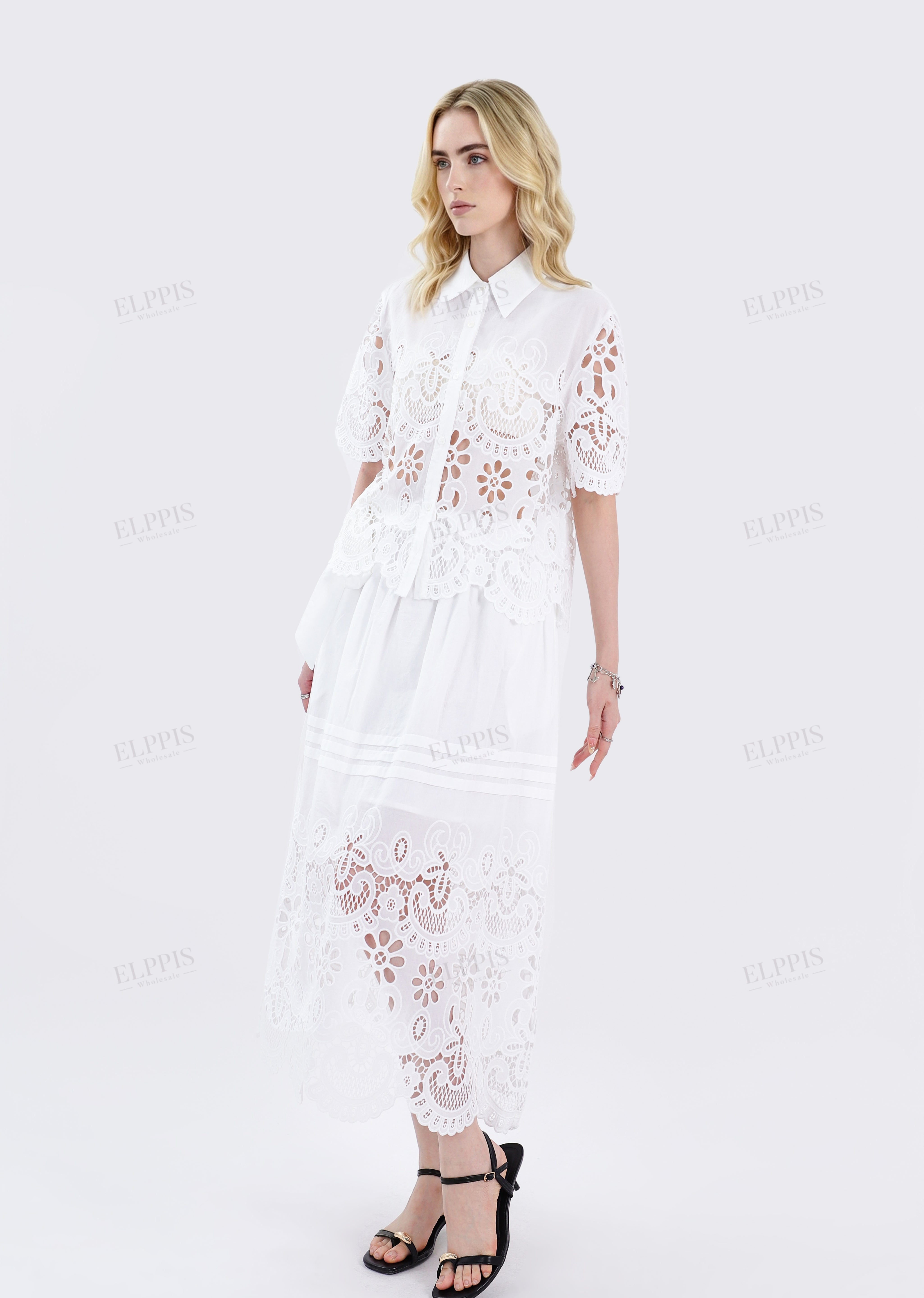 White Woven Midi Skirt with Eyelet Embroidery & Side Bow