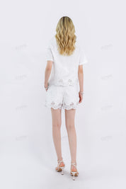 White Linen Short-Sleeve Cardigan with Cutwork Lace Detail