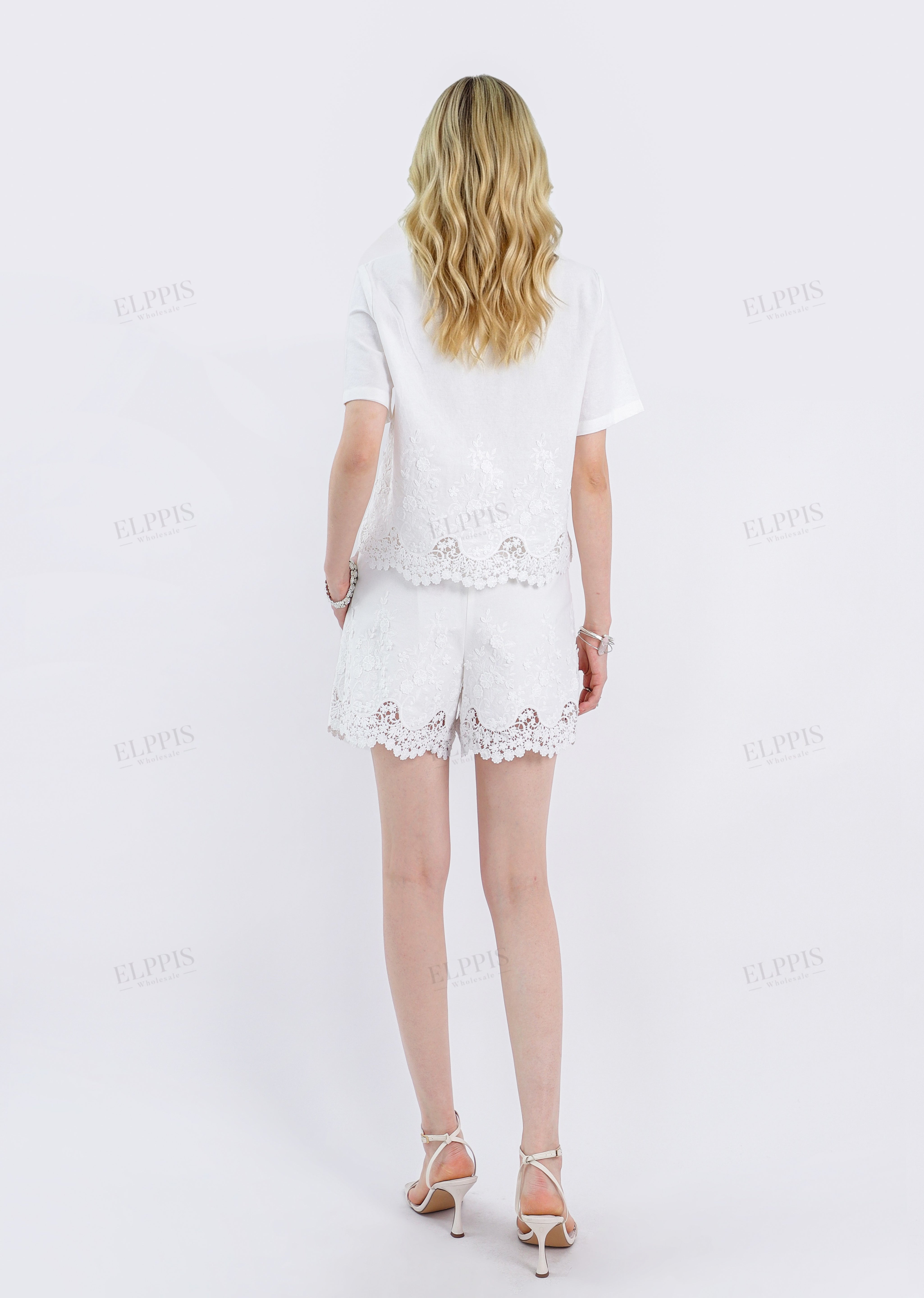 White Linen Short-Sleeve Cardigan with Cutwork Lace Detail