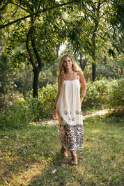 Cream Spaghetti Strap Maxi Dress with Brown Floral Embroidery