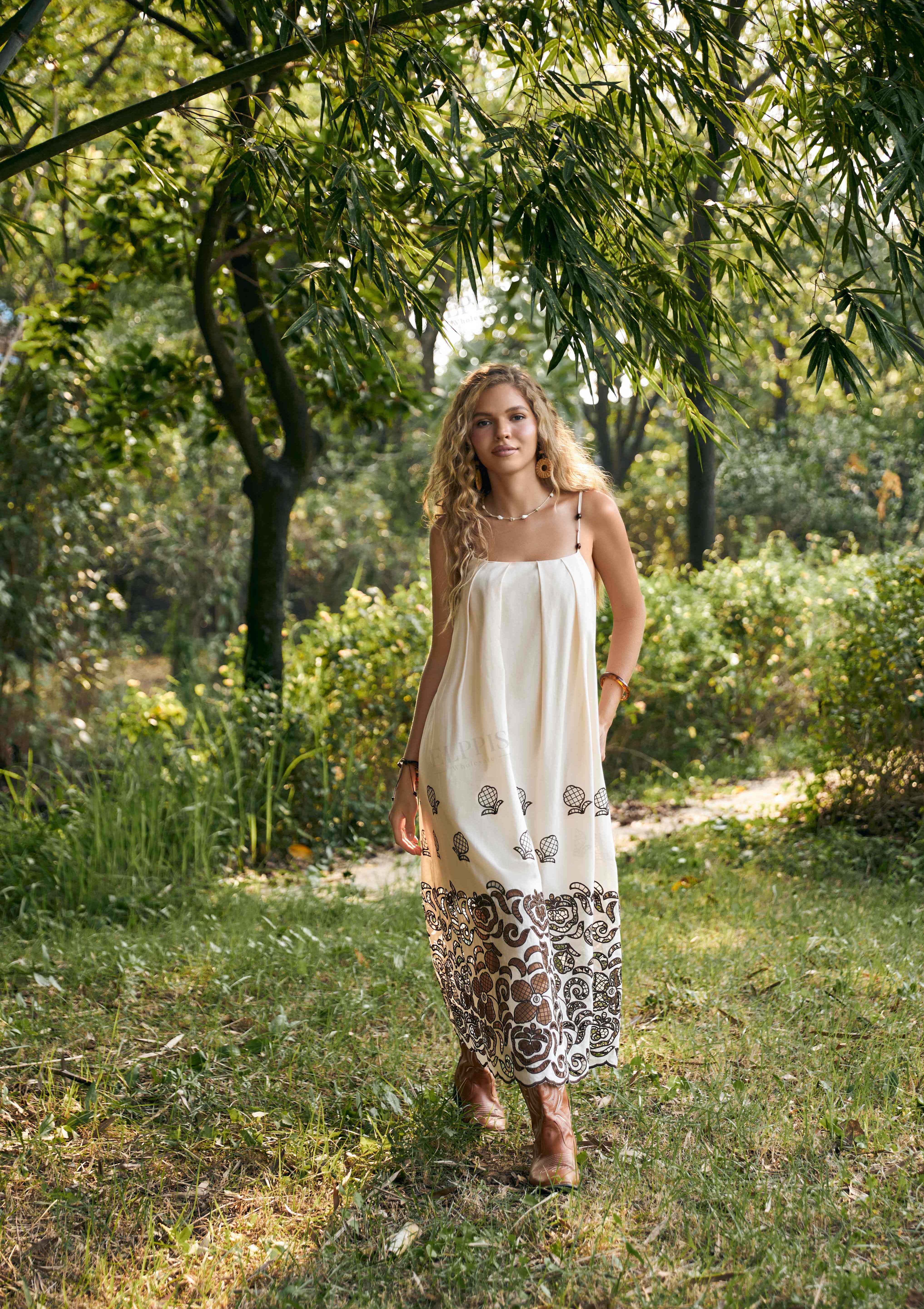 Cream Spaghetti Strap Maxi Dress with Brown Floral Embroidery