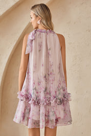 Blush Pink Romantic Rose Print Chiffon Blouse with Balloon Sleeves