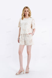 Beige Linen-Blend Shorts with Paisley Lace Cutouts