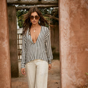 Striped cotton-linen H-line long sleeve top