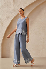 Gray Linen-Blend Wide-Leg Pants with Lace Hem Detail