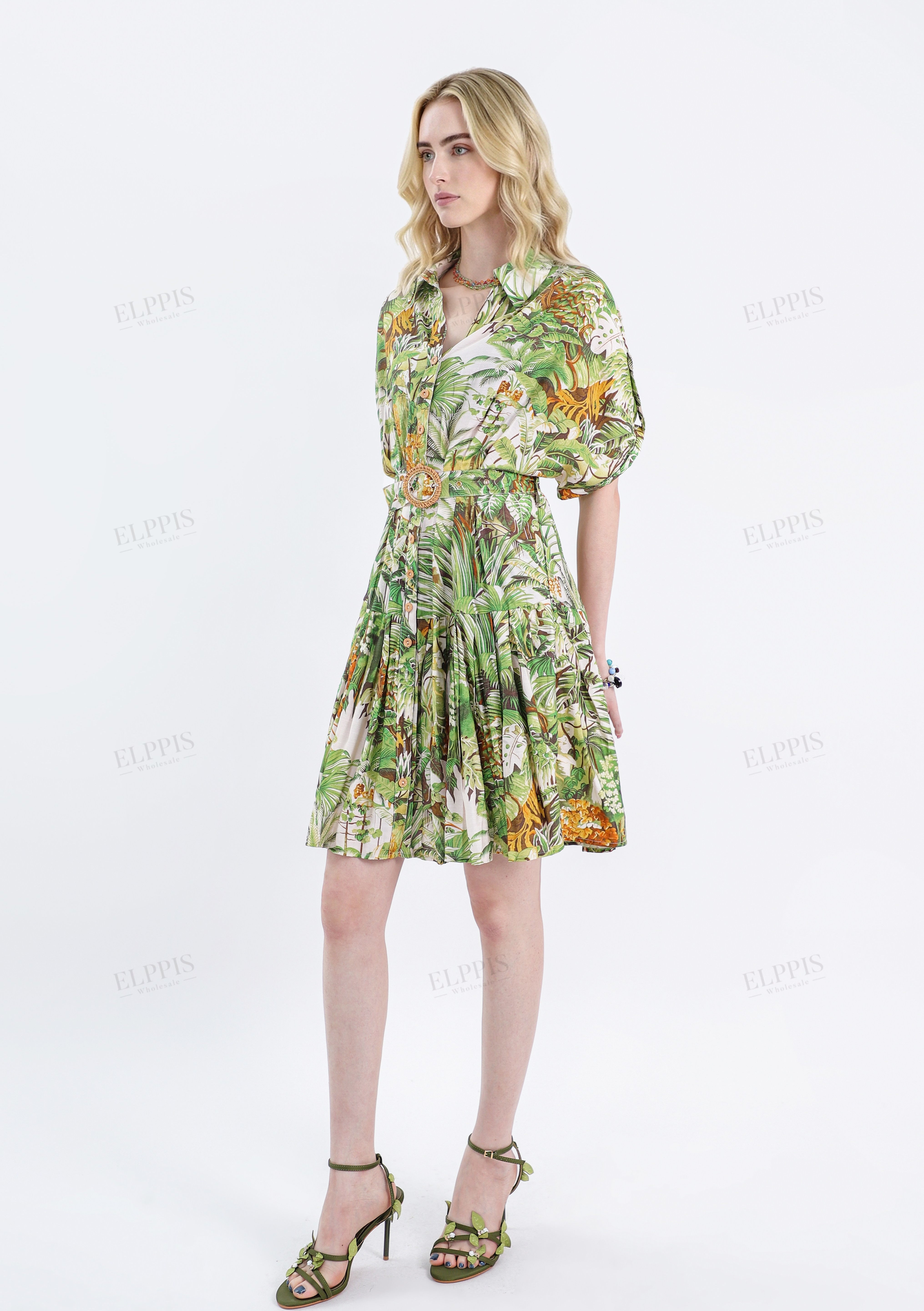 Tropical Print Rayon Shirt Dress