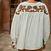 Color-block patchwork embroidered H-line cotton-linen midi skirt
