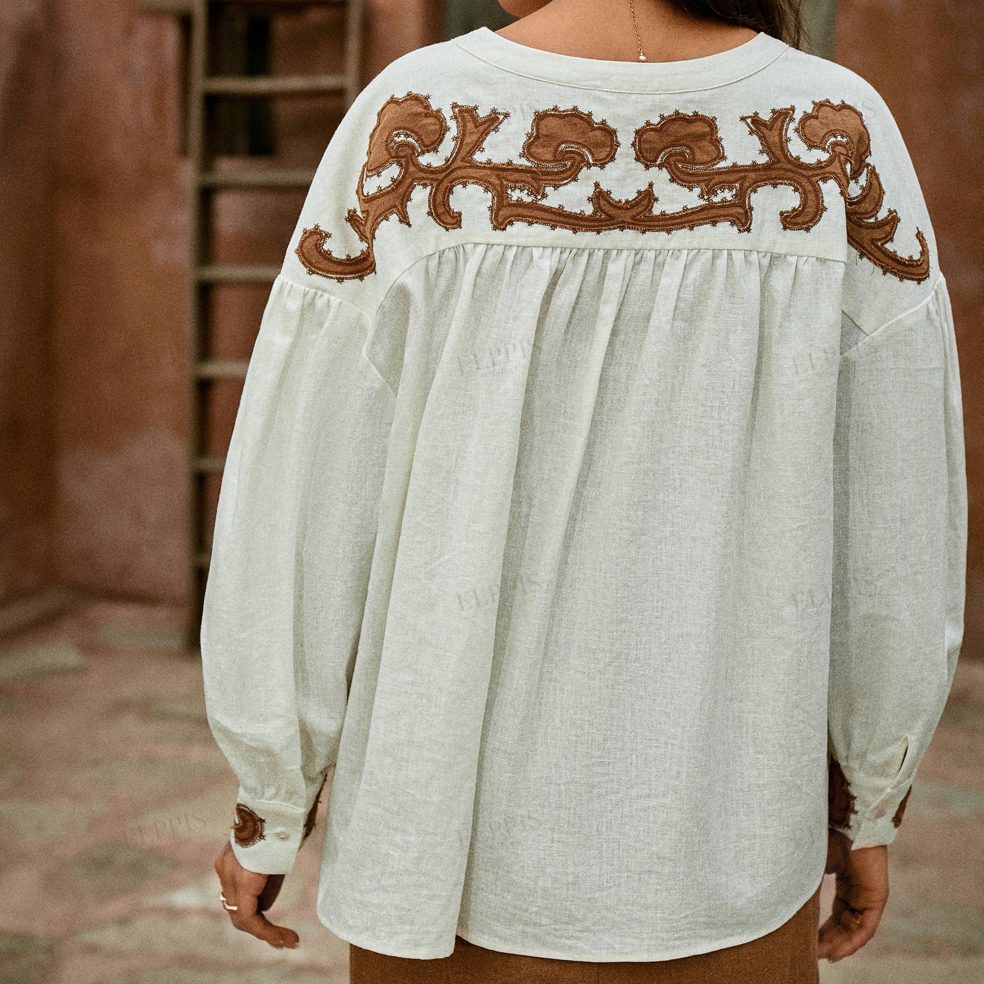 Color-block patchwork embroidered H-line cotton-linen midi skirt