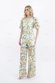 White & Yellow Floral Lace Wide-Leg Pants