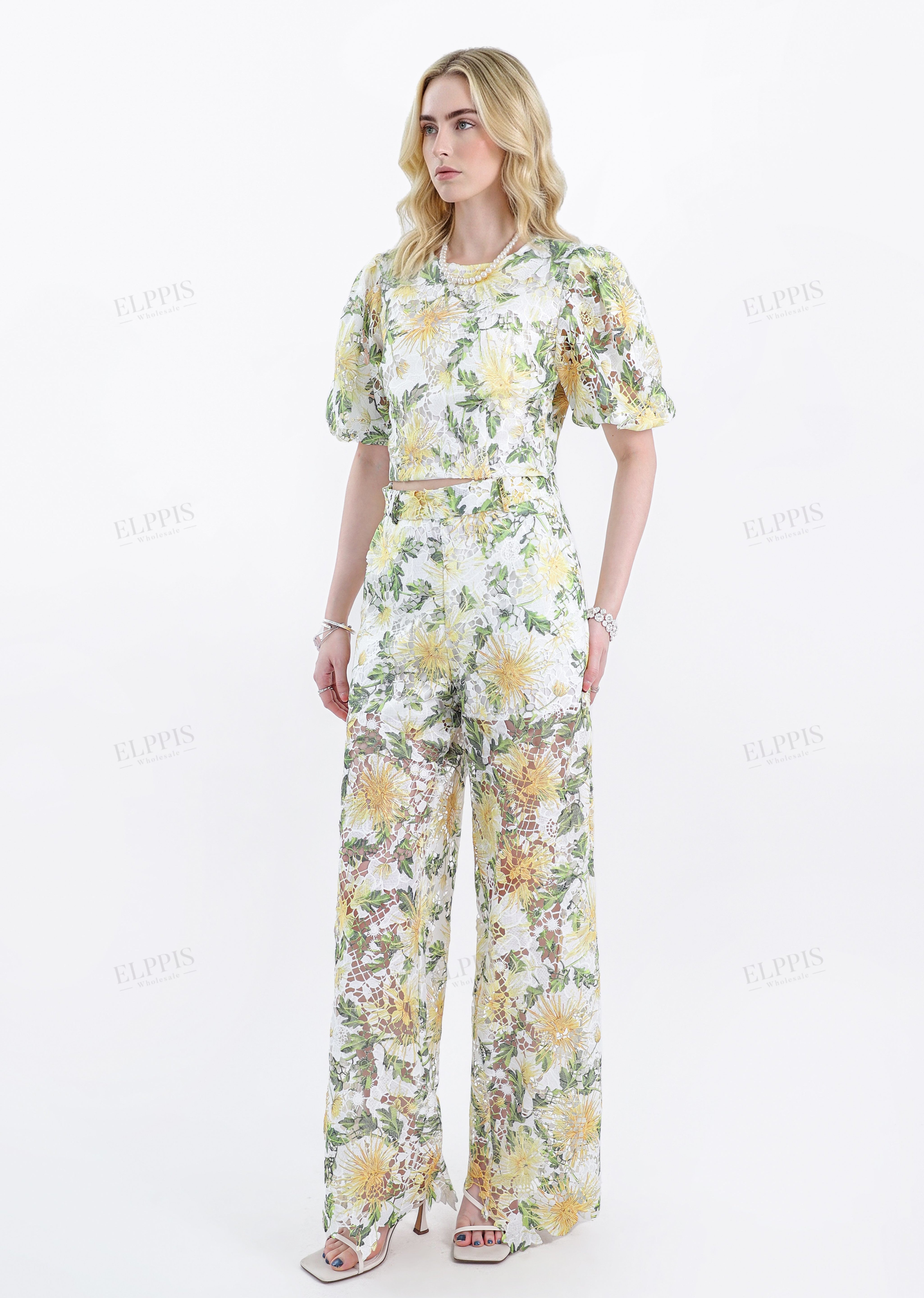 White & Yellow Floral Lace Wide-Leg Pants