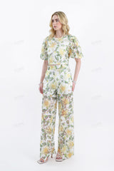 White & Yellow Floral Lace Wide-Leg Pants