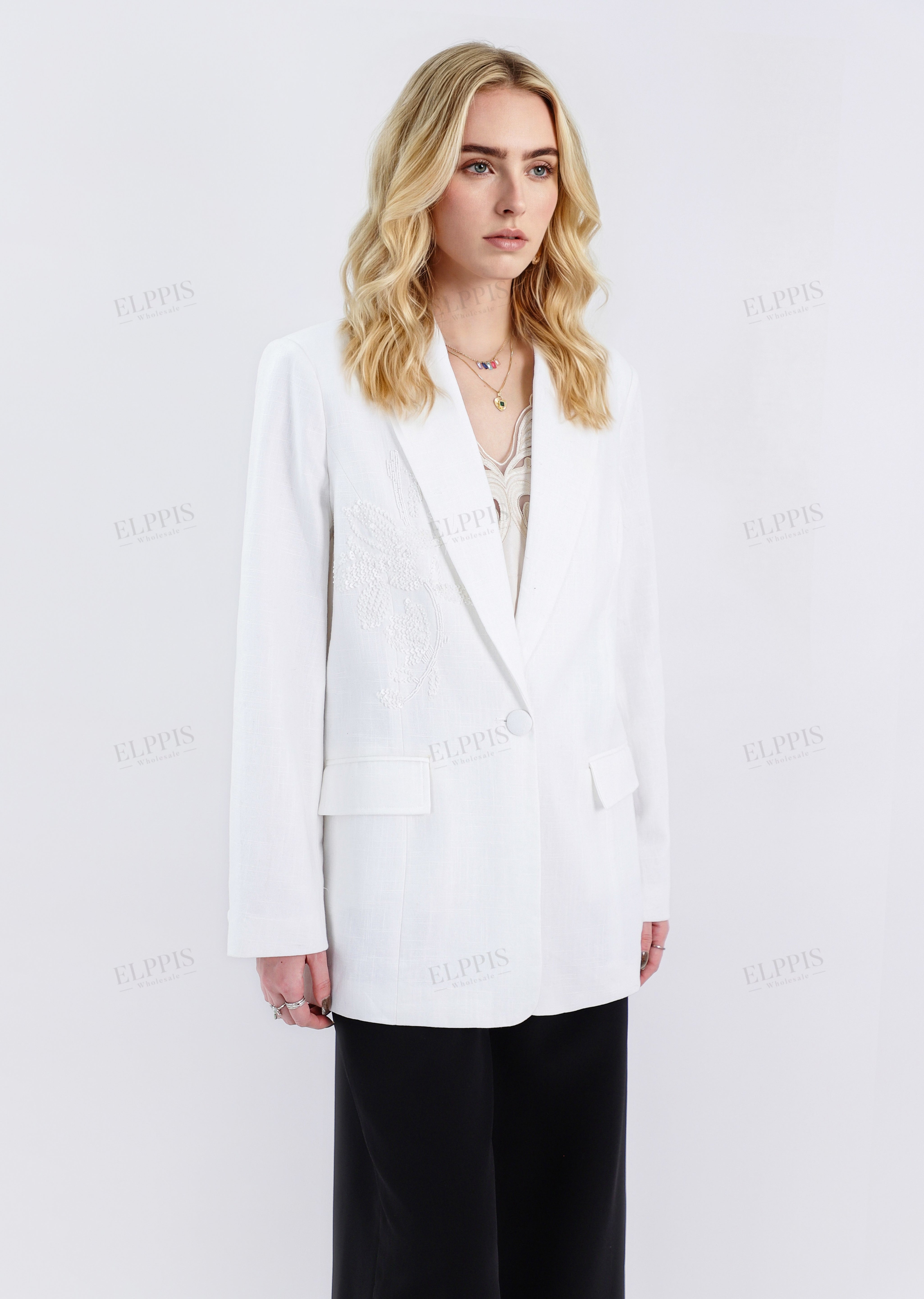 White Tailored Blazer with Beaded Floral Embroidery