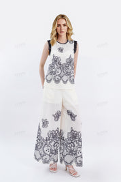 Ivory Wide-Leg Pants with Black Lace Embroidery