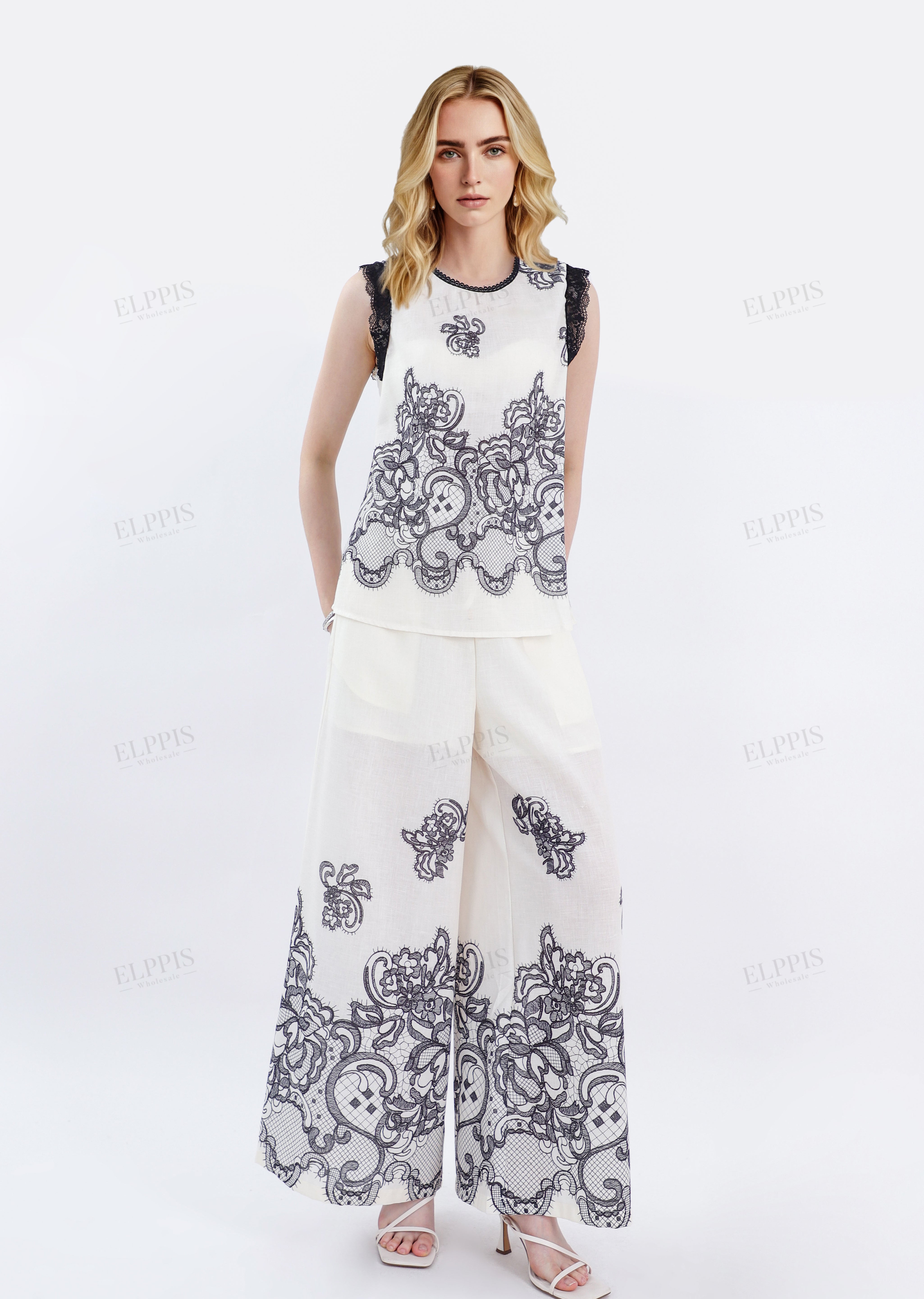 Ivory Wide-Leg Pants with Black Lace Embroidery