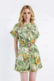 Tropical Print Rayon Short-Sleeve Jumpsuit