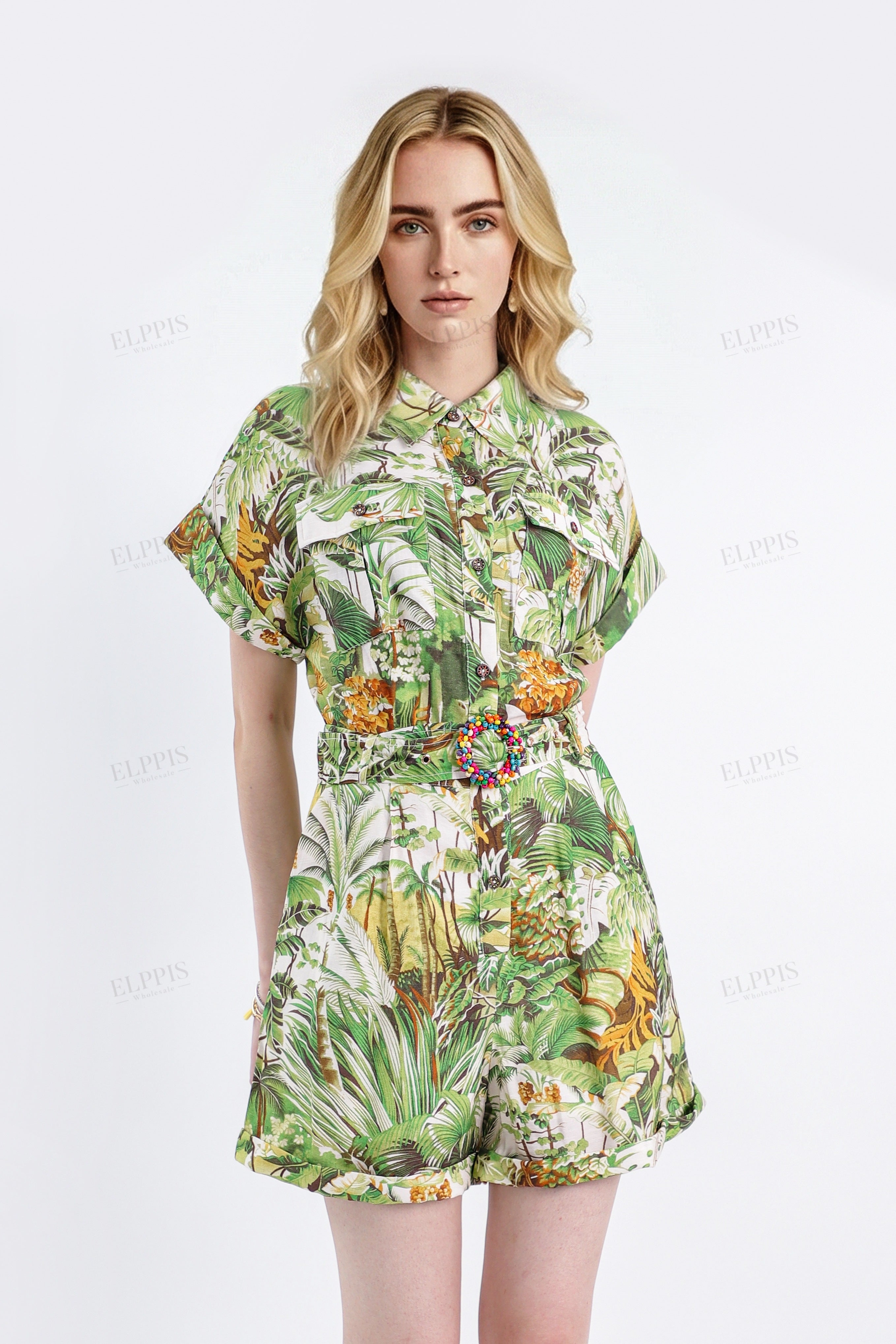 Tropical Print Rayon Short-Sleeve Jumpsuit