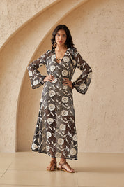 Black Mesh Maxi Dress with White Floral Embroidery & Beaded V-Neck