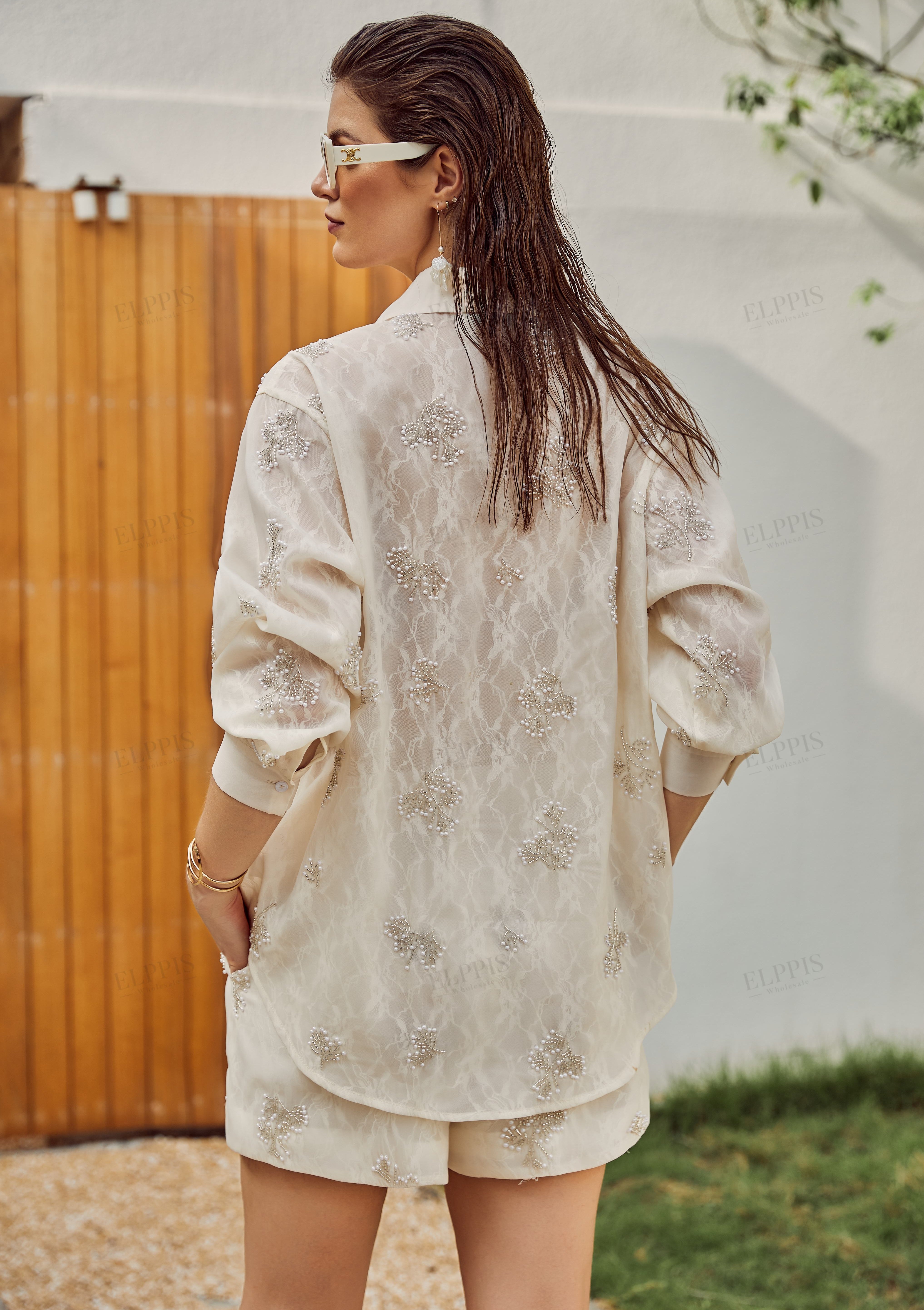 Cream Sheer Pearl Embellished Oversized Shirt