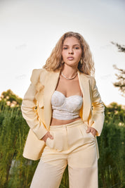 Cream Yellow Petal-Embellished Oversized Blazer & Wide-Leg Trouser Set