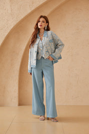 Light Blue Denim Jacket with White Lace Floral Overlay