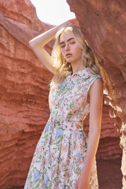 Eyelet Floral Print Sleeveless Midi Shirt Dress with Belt