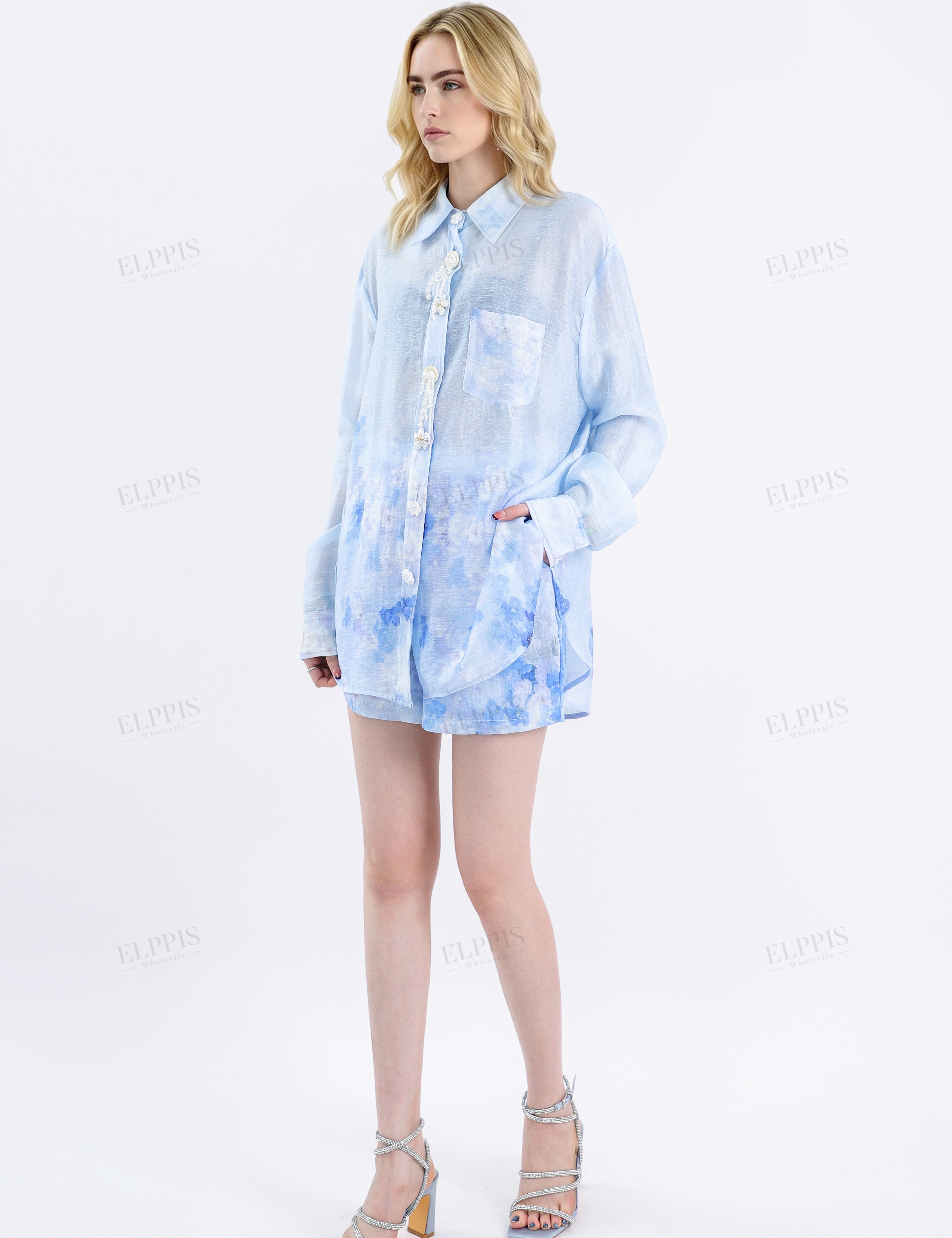 Light Blue Floral Print High-Waisted Shorts
