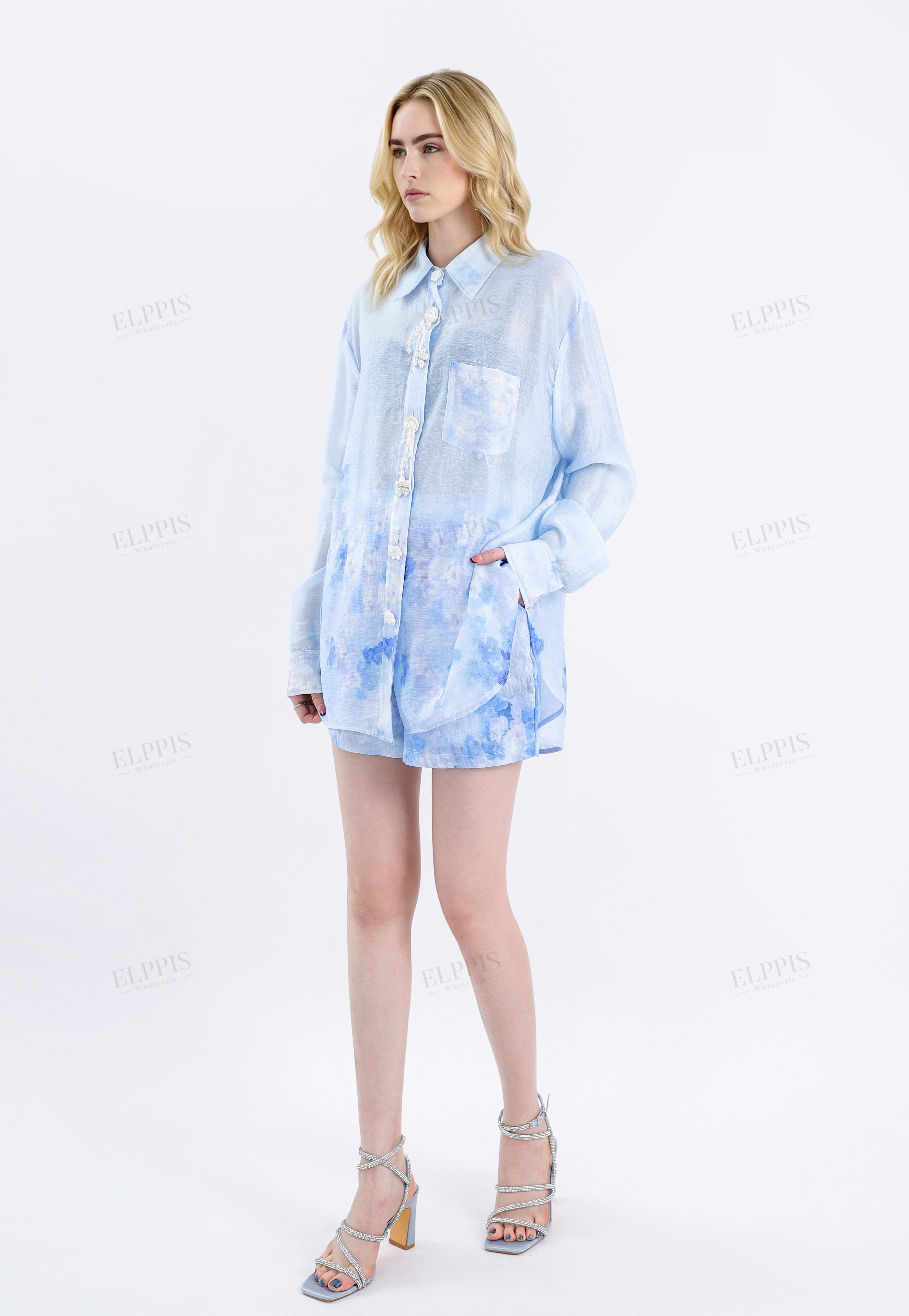 Light Blue Floral Print High-Waisted Shorts