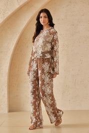 Brown & White Floral Lace Wide-Leg Pants