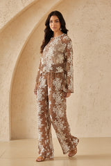 Brown & White Floral Lace Wide-Leg Pants