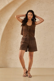 Brown Shorts with Cutwork Lace Panels & Textured Detail
