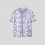 Blue Lavender Striped Shirt with White Lace Overlay