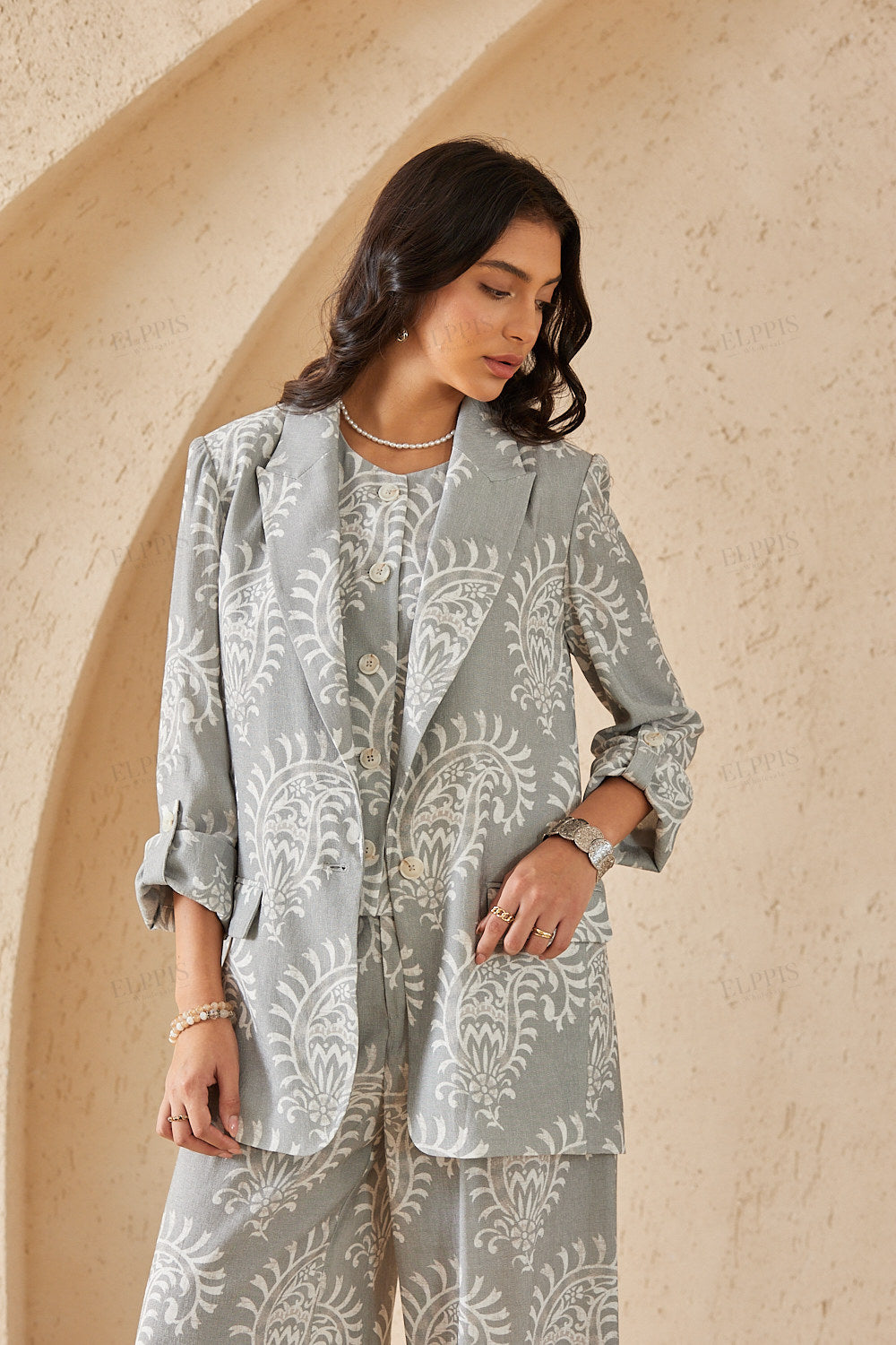 Gray & White Paisley Print Blazer with Rolled Cuffs
