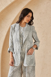 Gray & White Paisley Print Blazer with Rolled Cuffs