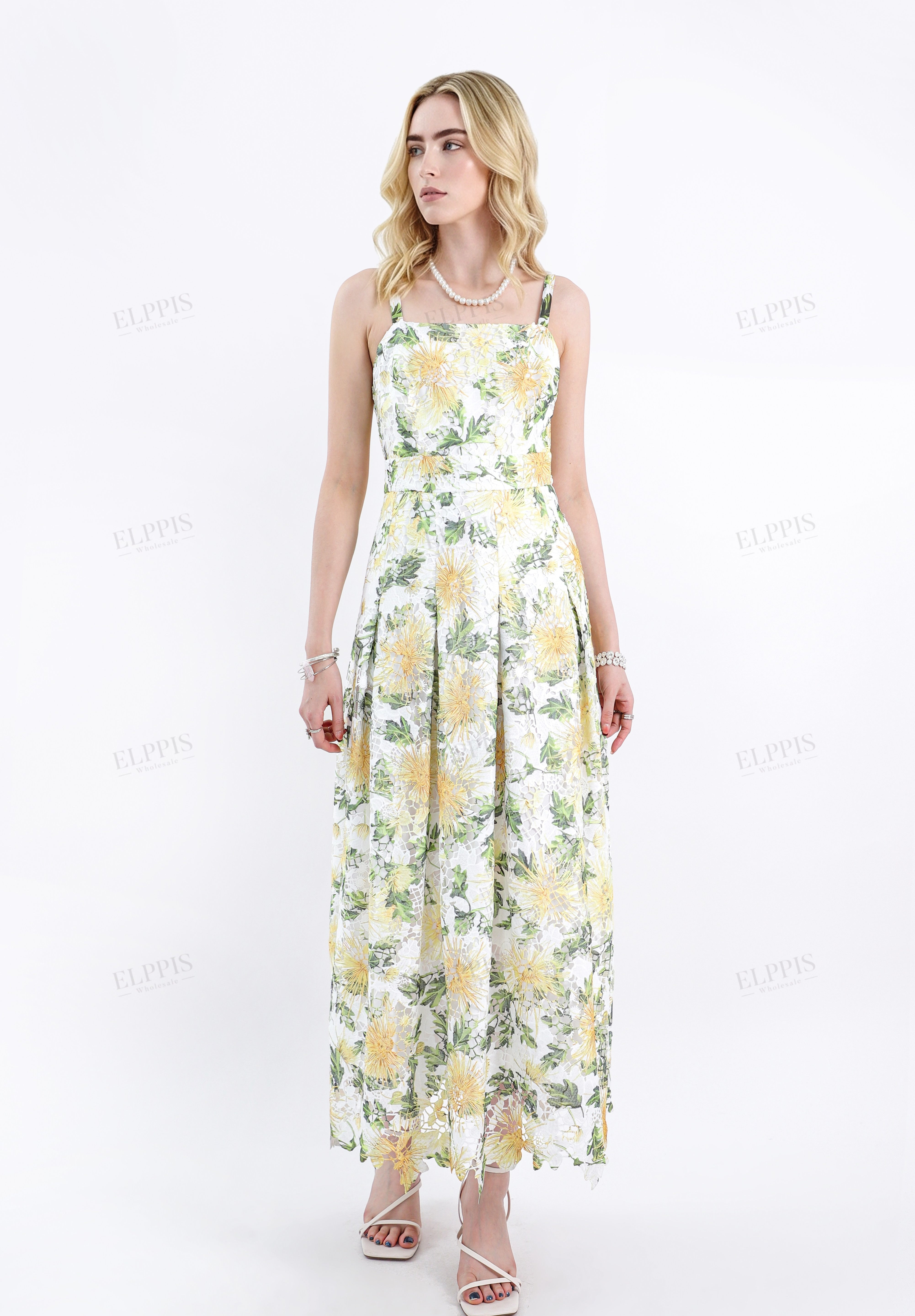 Yellow Floral Lace Midi Dress