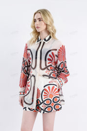 Cream High-Waisted Shorts with Red & Black Geometric Print & Buckle Belt