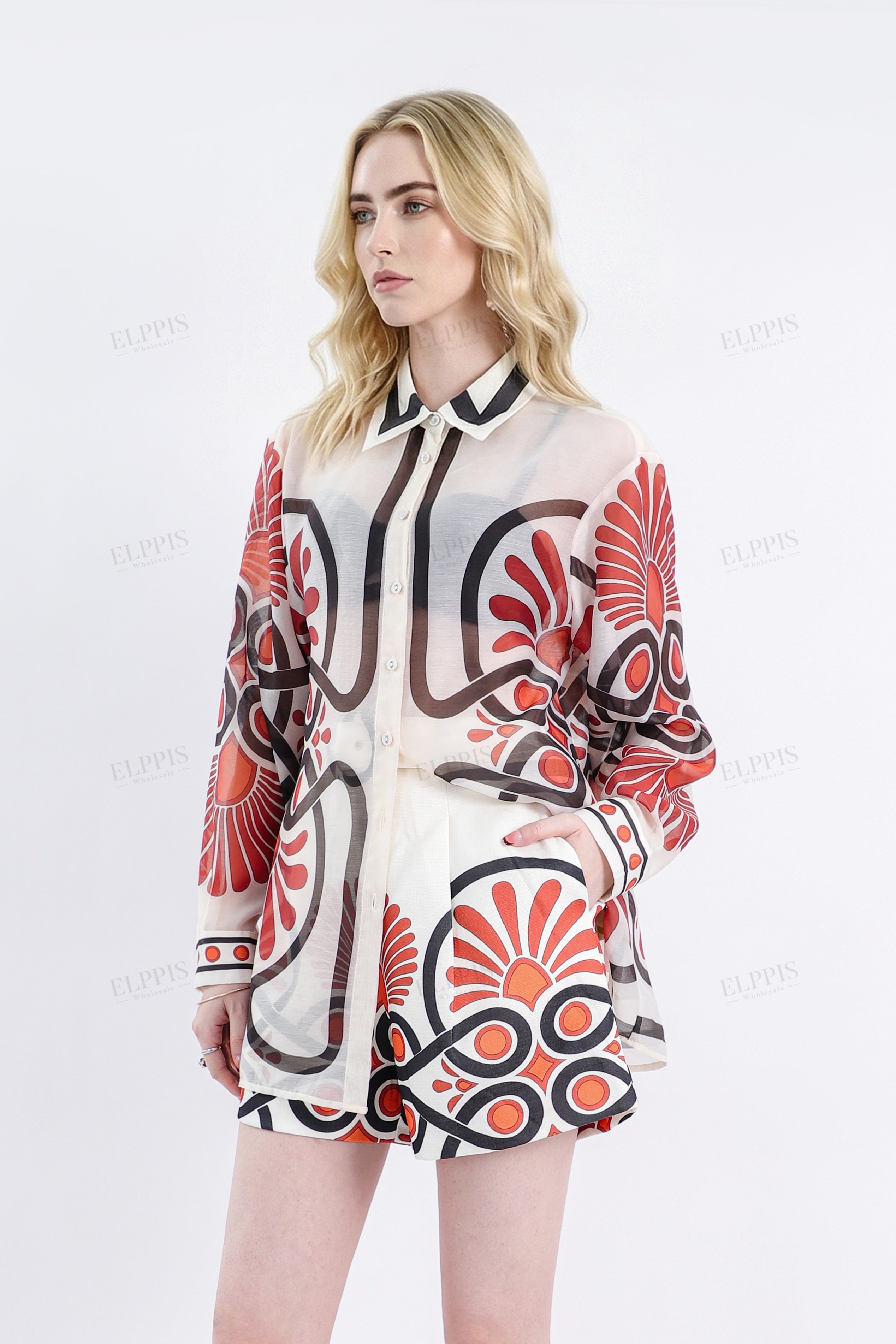 Cream High-Waisted Shorts with Red & Black Geometric Print & Buckle Belt