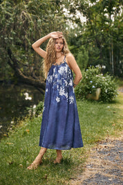 Navy Blue Floral Print Spaghetti Strap Maxi Dress