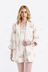Cream Linen-Blend Sequin Floral Blazer