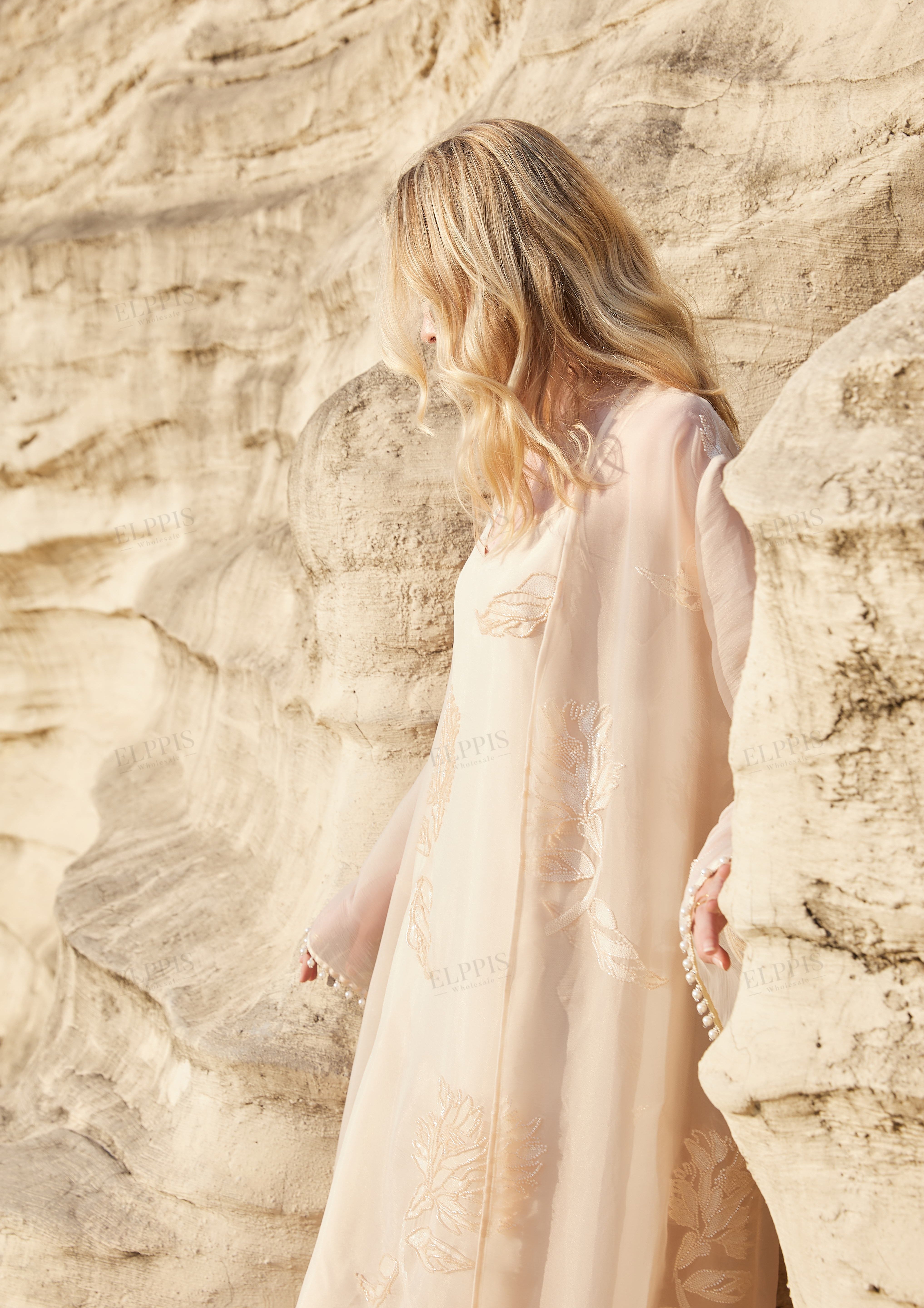 Blush Pink Sheer Midi Slip Dress with Gold Leaf Embroidery