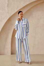 Blue & White Striped Oversized Linen-Blend  Long Sleee Shirt