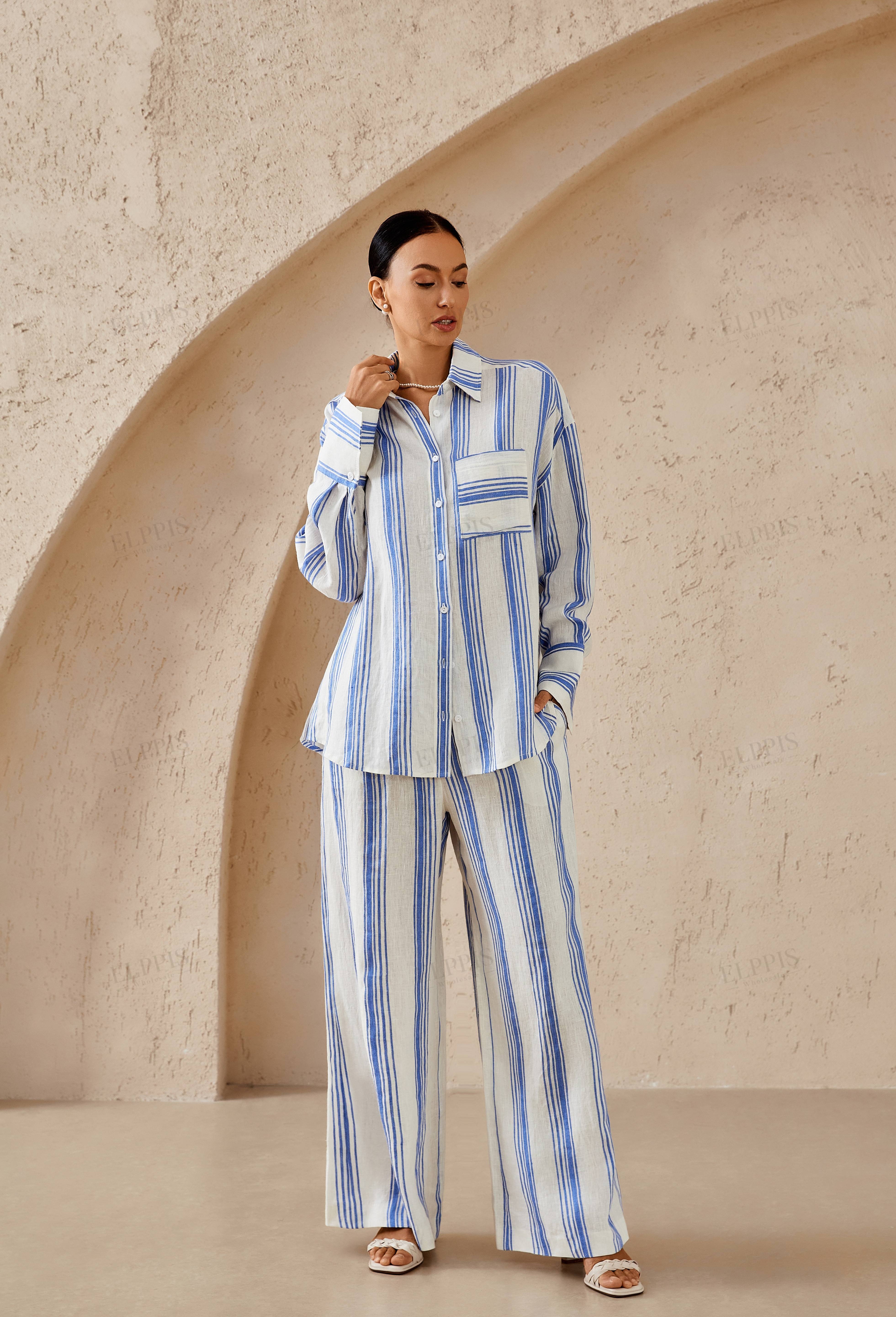 Blue & White Striped Oversized Linen-Blend  Long Sleee Shirt